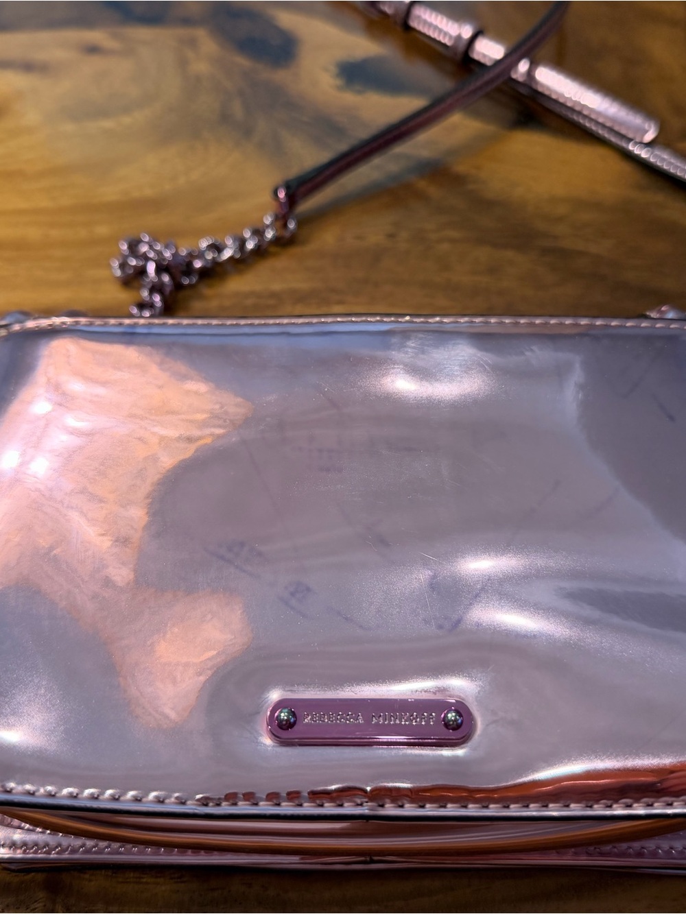Rebecca Minkoff Chevron Quilted Love Crossbody Metallic Rose Gold Finish GUC - Picture 13 of 17